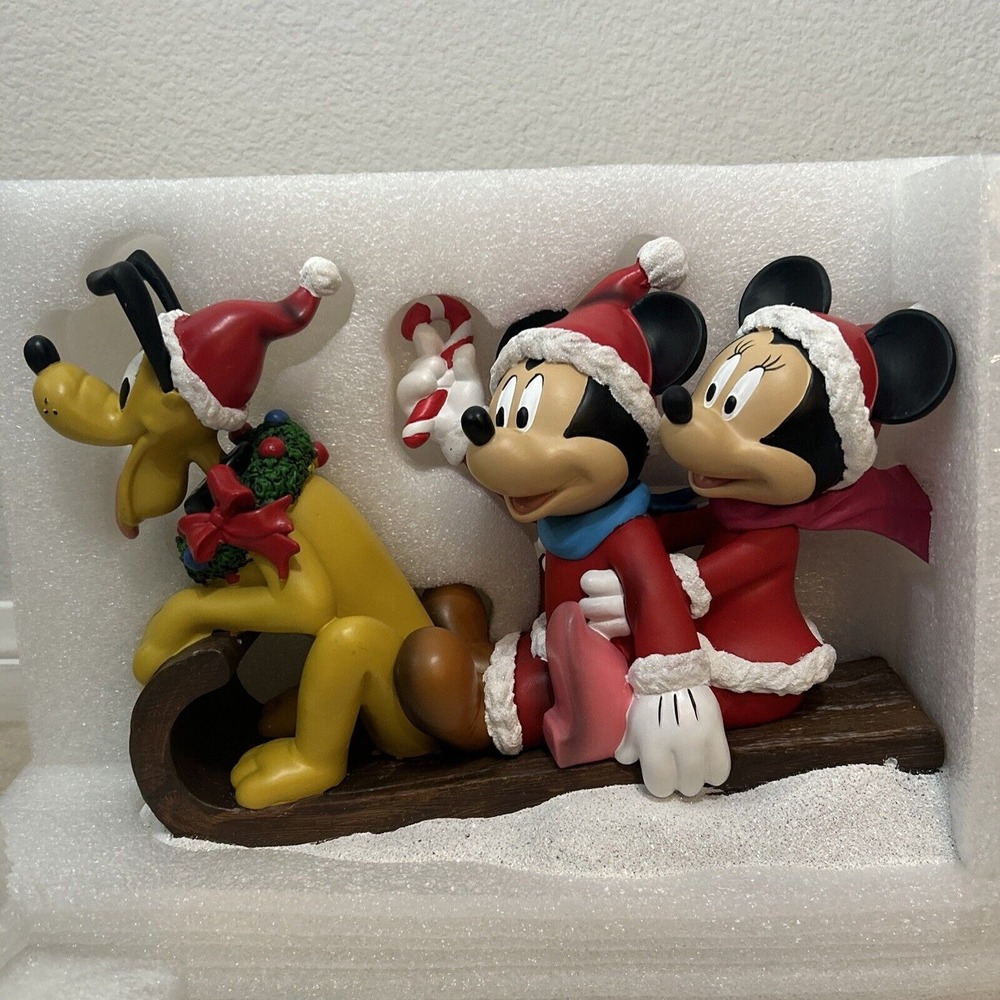 Disney Mickey Minnie Pluto Sled on Sleigh Decoration Snow Christmas Holiday New